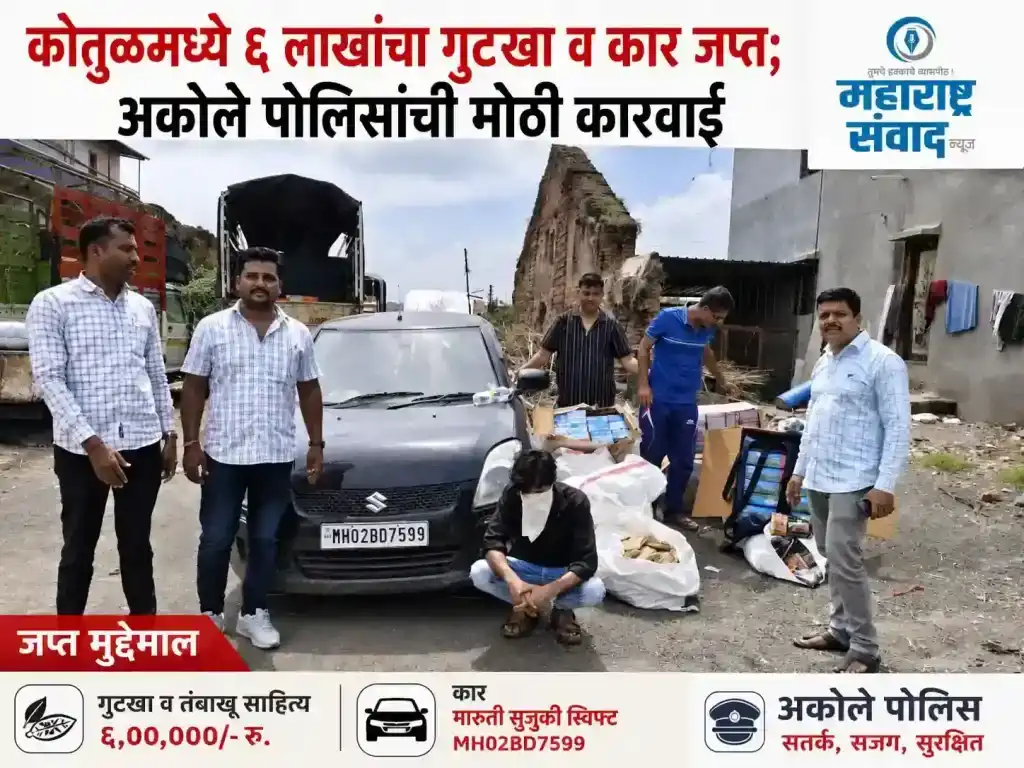 कोतुळमध्ये ६ लाखांचा गुटखा व कार जप्त; पोलीस उपअधीक्षकांच्या पथकाची मोठी कारवाई